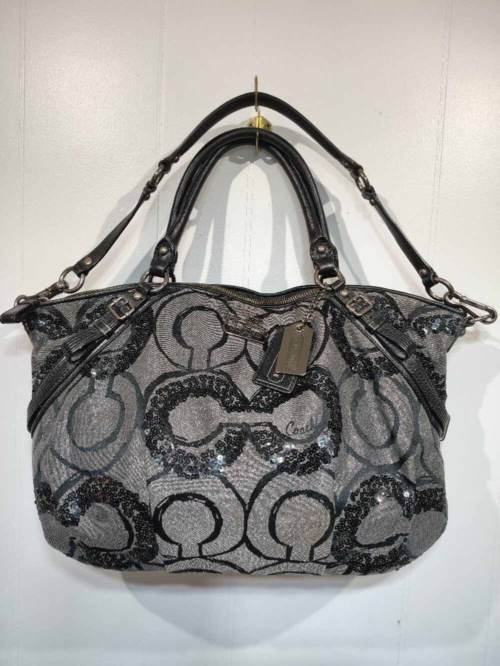 Coach Madison Satchel Handbag Op Art Silver and Black